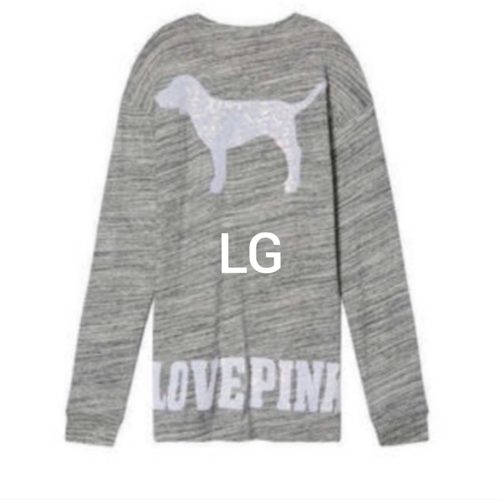 SZ LG VS PINK IRIDESCENT DOG BLING CAMPUS LONG SLEEVE TEE